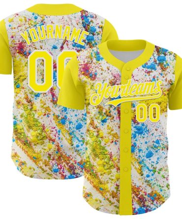 American Baseball Jersey, Custom Light Yellow White 3D Pattern Design Abstract Splatter Art Authentic Baseball Jersey, Baseball Jersey Name