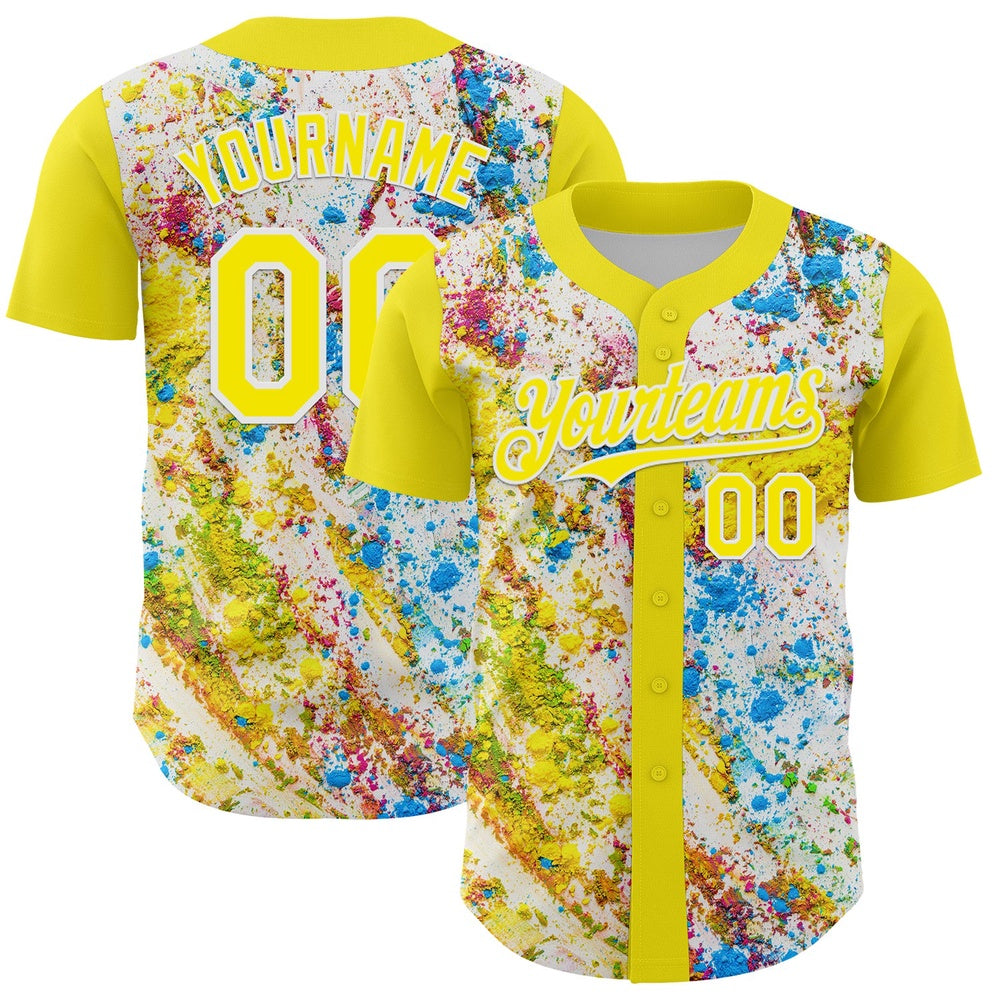 American Baseball Jersey, Custom Light Yellow White 3D Pattern Design Abstract Splatter Art Authentic Baseball Jersey, Baseball Jersey Name