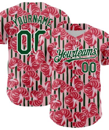 American Baseball Jersey, Custom Medium Pink Green White 3D Pattern Design Tropical Anthurium Flower Authentic Baseball Jersey