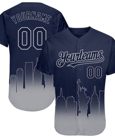 American Baseball Jersey, Custom Navy Gray 3D New York City Edition Fade Fashion Authentic Baseball Jersey, Baseball Jersey Name