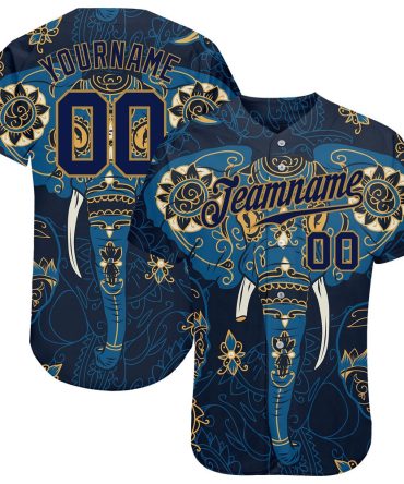 American Baseball Jersey, Custom Navy Navy Old Gold 3D Pattern Design Elephant Authentic Baseball Jersey, Baseball Jersey Name