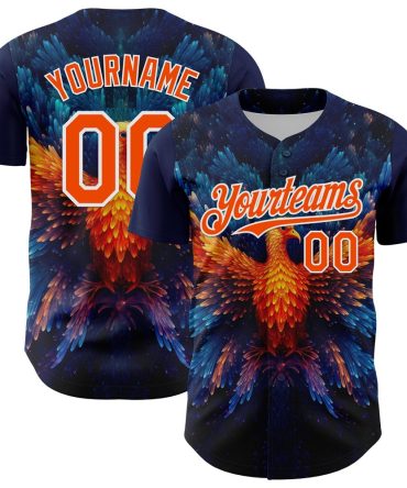 American Baseball Jersey, Custom Navy Orange White 3D Pattern Design Rave Phoenix Authentic Baseball Jersey, Baseball Jersey Name