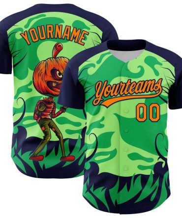 American Baseball Jersey, Custom Neon Green Bay Orange Navy 3D Halloween Authentic Baseball Jersey, Baseball Jersey Name