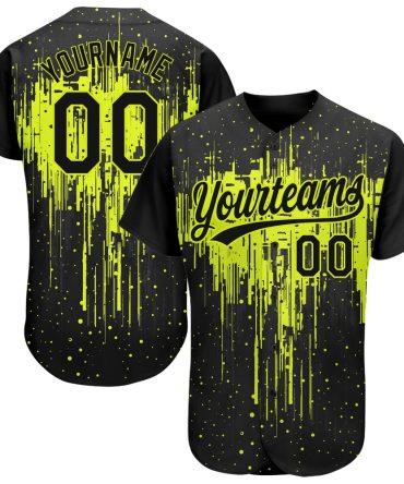 American Baseball Jersey, Custom Neon Green Black 3D Pattern Design Dripping Splatter Art Authentic Baseball Jersey, Baseball Jersey Name