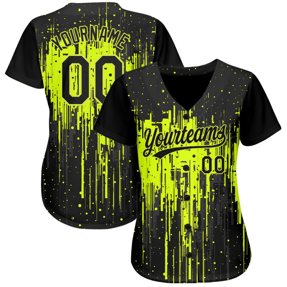 American Baseball Jersey, Custom Neon Green Black 3D Pattern Design Dripping Splatter Art Authentic Baseball Jersey, Baseball Jersey Name - Image 2