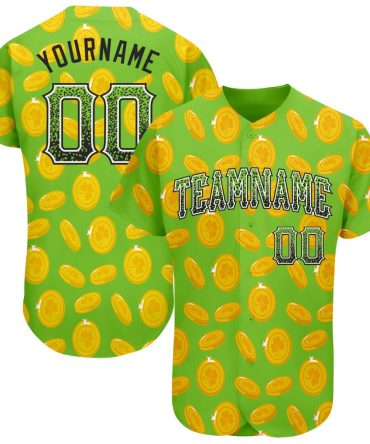 American Baseball Jersey, Custom Neon Green Black White 3D Pattern Design Authentic St Patrick's Day Drift Fashion Baseball Jersey