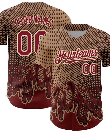 American Baseball Jersey, Custom Old Gold Crimson City Cream 3D Pattern Design Flame Authentic Baseball Jersey, Baseball Jersey Name