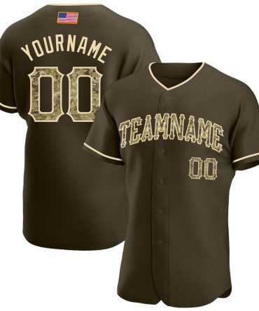 American Baseball Jersey, Custom Olive Camo City Cream Authentic American Flag Fashion Salute To Service Baseball Jersey
