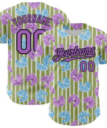 American Baseball Jersey, Custom Olive Medium Purple Black 3D Pattern Design Tropical Anthurium Flower Authentic Baseball Jersey