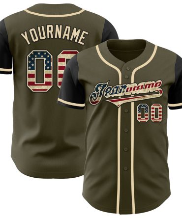 American Baseball Jersey, Custom Olive Vintage USA Flag Black Authentic Two Tone Salute To Service Baseball Jersey, Baseball Jersey Name