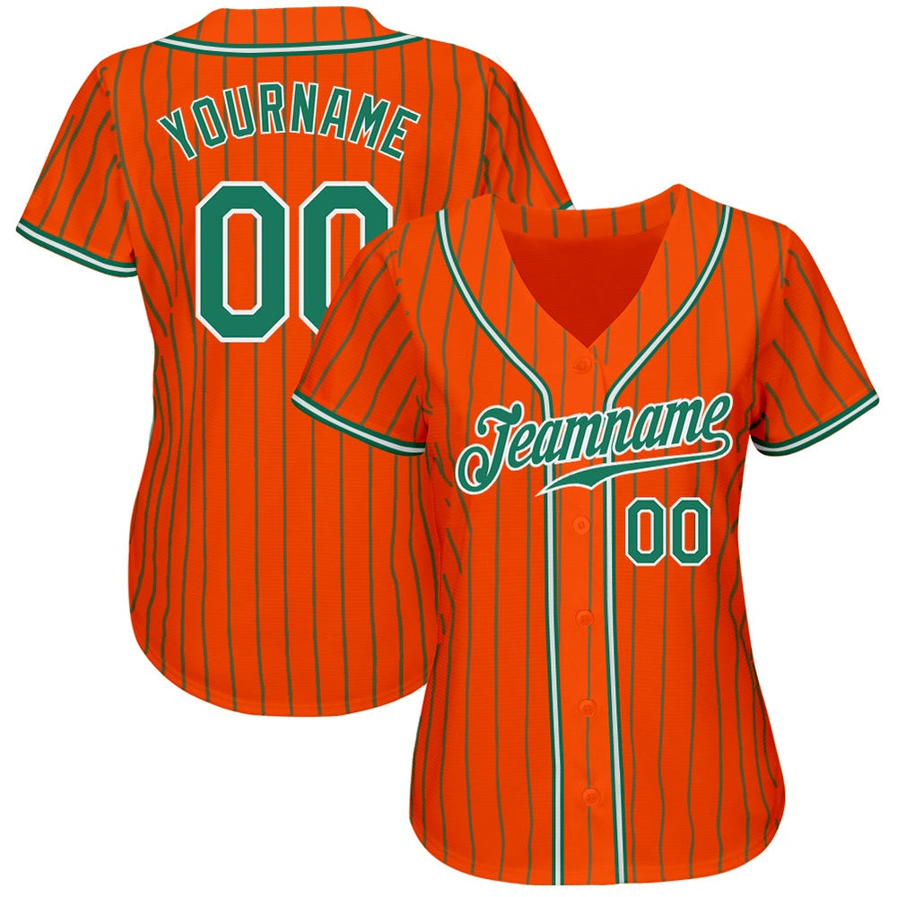 American Baseball Jersey, Custom Orange Kelly Green Pinstripe Kelly Green White Authentic Baseball Jersey, Baseball Jersey Name - Image 2