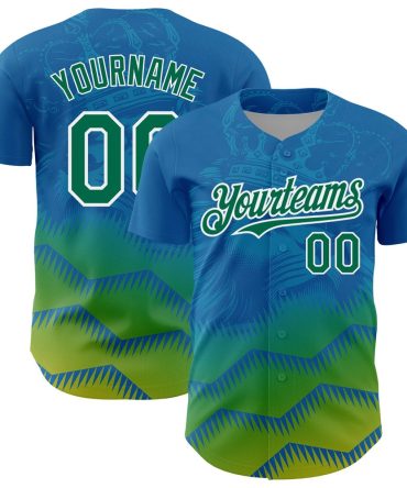 American Baseball Jersey, Custom Panther Blue Kelly Green White 3D Pattern Design Animal Lion Authentic Baseball Jersey