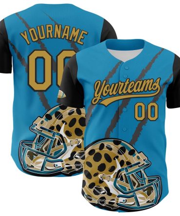 American Baseball Jersey, Custom Panther Blue Old Gold Black 3D Pattern Design Football Jaguar Helmet And Animal Claw Authentic Baseball Jersey