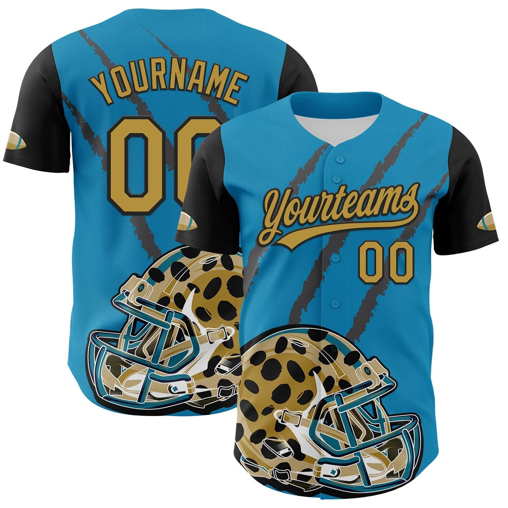 American Baseball Jersey, Custom Panther Blue Old Gold Black 3D Pattern Design Football Jaguar Helmet And Animal Claw Authentic Baseball Jersey