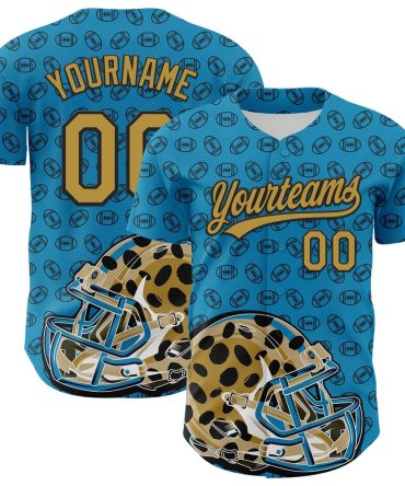 American Baseball Jersey, Custom Panther Blue Old Gold Black 3D Pattern Design Football Jaguar Helmet And Ball Authentic Baseball Jersey
