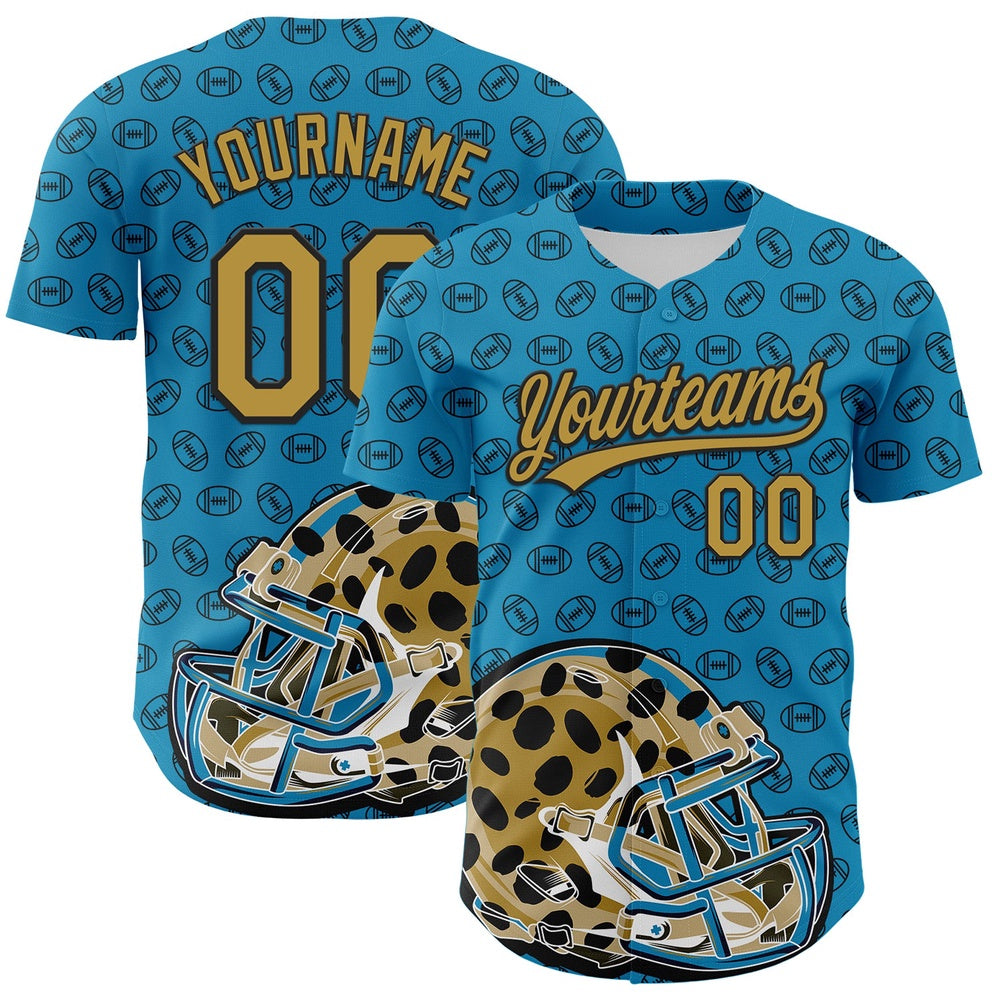 American Baseball Jersey, Custom Panther Blue Old Gold Black 3D Pattern Design Football Jaguar Helmet And Ball Authentic Baseball Jersey
