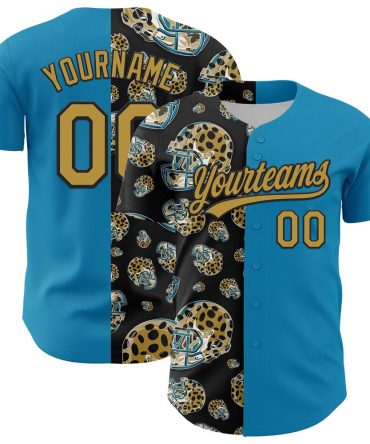 American Baseball Jersey, Custom Panther Blue Old Gold Black 3D Pattern Design Football Jaguar Helmet Authentic Baseball Jersey