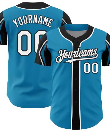 American Baseball Jersey, Custom Panther Blue White Black 3 Colors Arm Shapes Authentic Baseball Jersey, Baseball Jersey Name