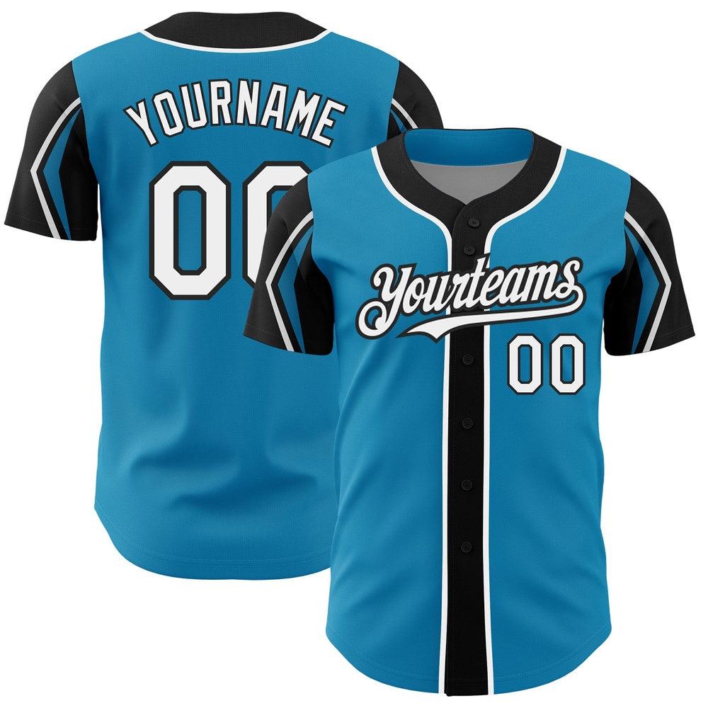 American Baseball Jersey, Custom Panther Blue White Black 3 Colors Arm Shapes Authentic Baseball Jersey, Baseball Jersey Name