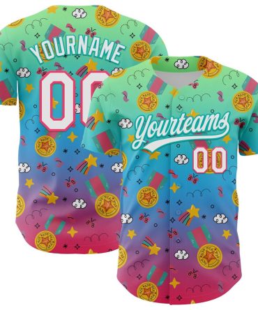 American Baseball Jersey, Custom Pea Green Neon Pink Aqua Sky Blue 3D Pattern Design Champion Medal Authentic Baseball Jersey