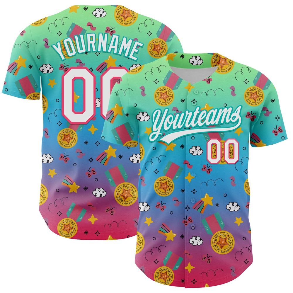 American Baseball Jersey, Custom Pea Green Neon Pink Aqua Sky Blue 3D Pattern Design Champion Medal Authentic Baseball Jersey