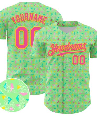 American Baseball Jersey, Custom Pea Green Pink Yellow 3D Pattern Design Geometric Shape Authentic Baseball Jersey, Baseball Jersey Name