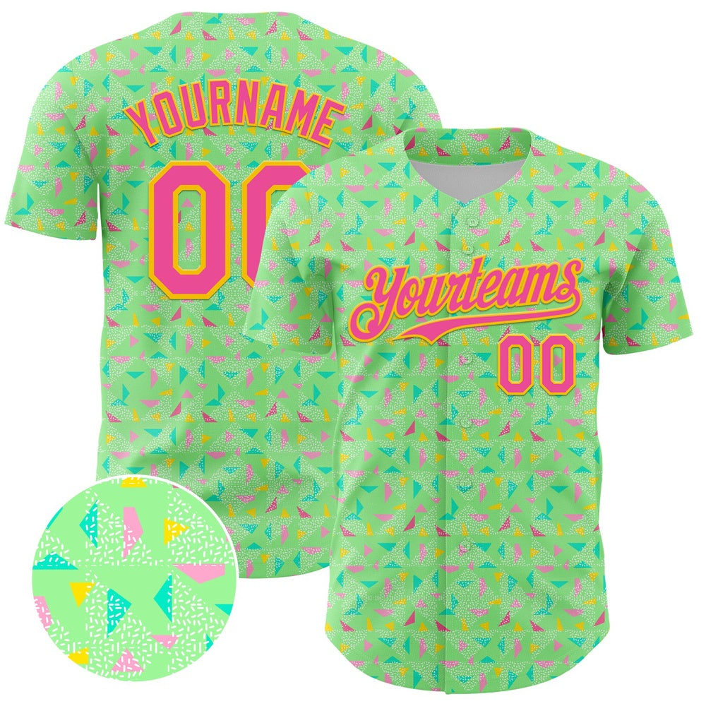 American Baseball Jersey, Custom Pea Green Pink Yellow 3D Pattern Design Geometric Shape Authentic Baseball Jersey, Baseball Jersey Name