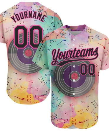 American Baseball Jersey, Custom Pink Black 3D Pattern Design Music Festival Watercolor Colored Musical Notes Authentic Baseball Jersey