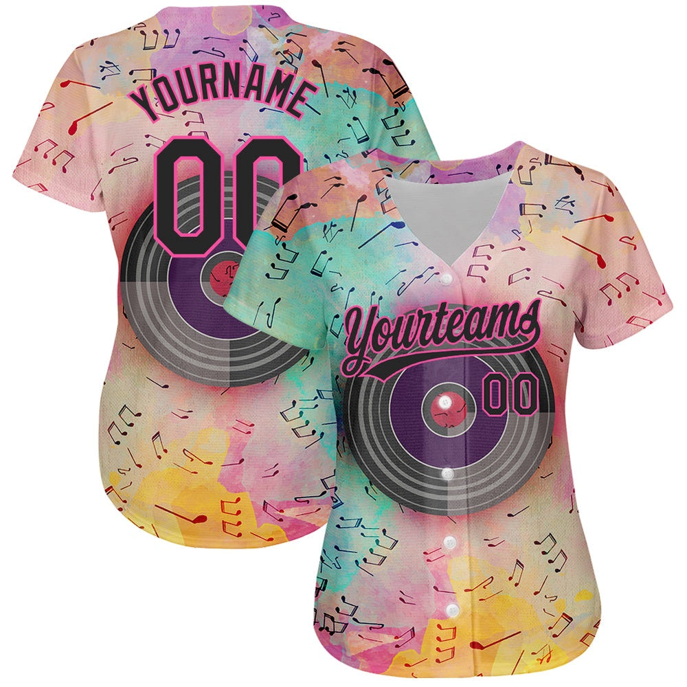 American Baseball Jersey, Custom Pink Black 3D Pattern Design Music Festival Watercolor Colored Musical Notes Authentic Baseball Jersey - Image 2