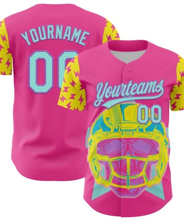 American Baseball Jersey, Custom Pink Ice Blue Medium Purple Light Yellow 3D Pattern Design Football Skull Helmet Authentic Baseball Jersey