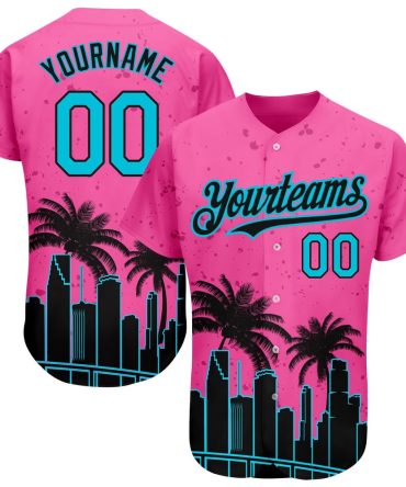 American Baseball Jersey, Custom Pink Lakes Blue Black 3D Miami Palm Trees City Edition Authentic Baseball Jersey, Baseball Jersey Name