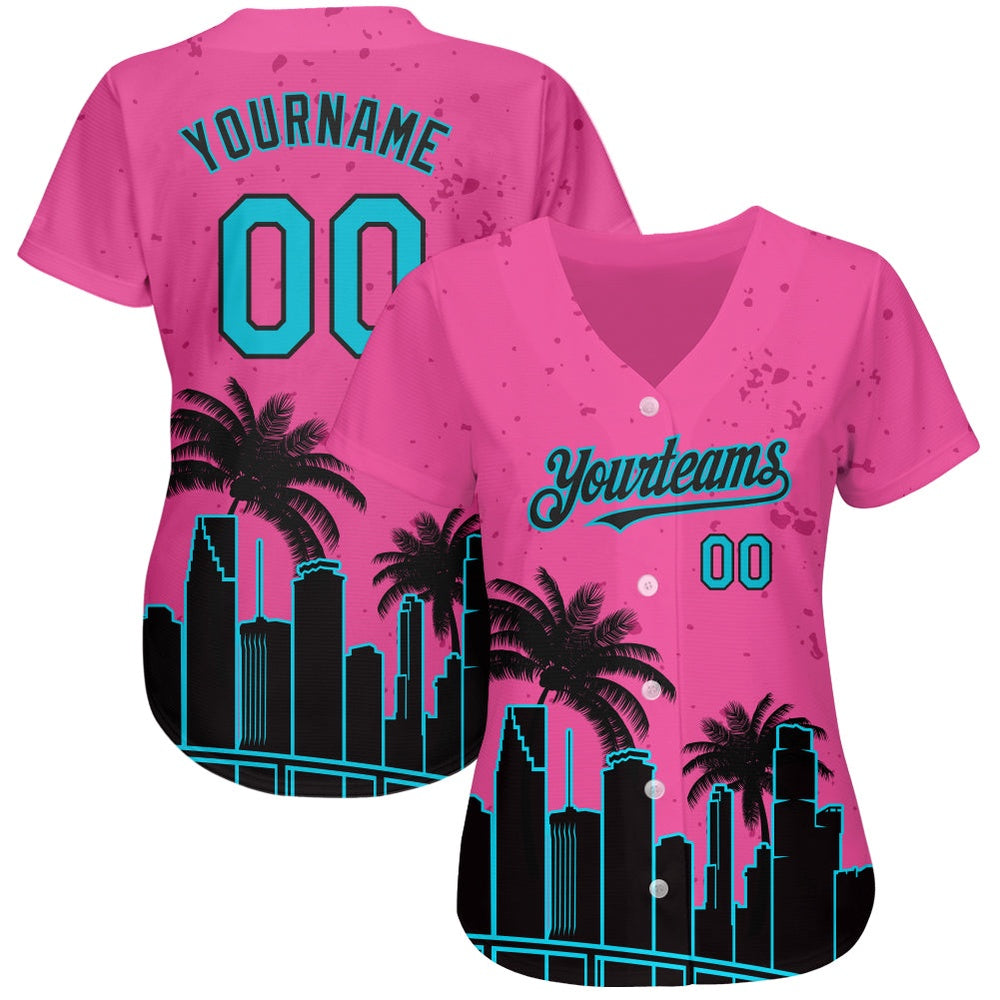 American Baseball Jersey, Custom Pink Lakes Blue Black 3D Miami Palm Trees City Edition Authentic Baseball Jersey, Baseball Jersey Name - Image 2