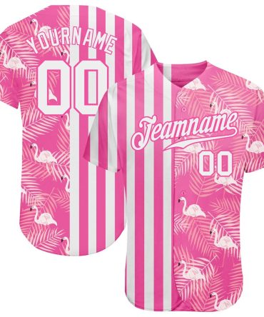 American Baseball Jersey, Custom Pink White 3D Pattern Design Tropical Palm Leaves And Famingo Authentic Baseball Jersey, Baseball Jersey Name