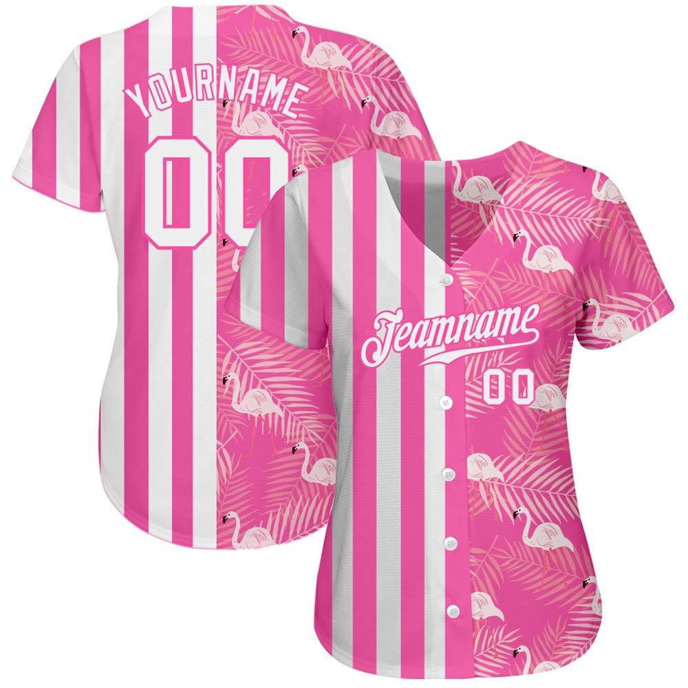 American Baseball Jersey, Custom Pink White 3D Pattern Design Tropical Palm Leaves And Famingo Authentic Baseball Jersey, Baseball Jersey Name - Image 2