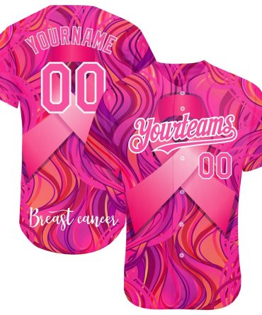 American Baseball Jersey, Custom Pink White 3D Pink Ribbon Breast Cancer Awareness Month Women Health Care Support Authentic Baseball Jersey