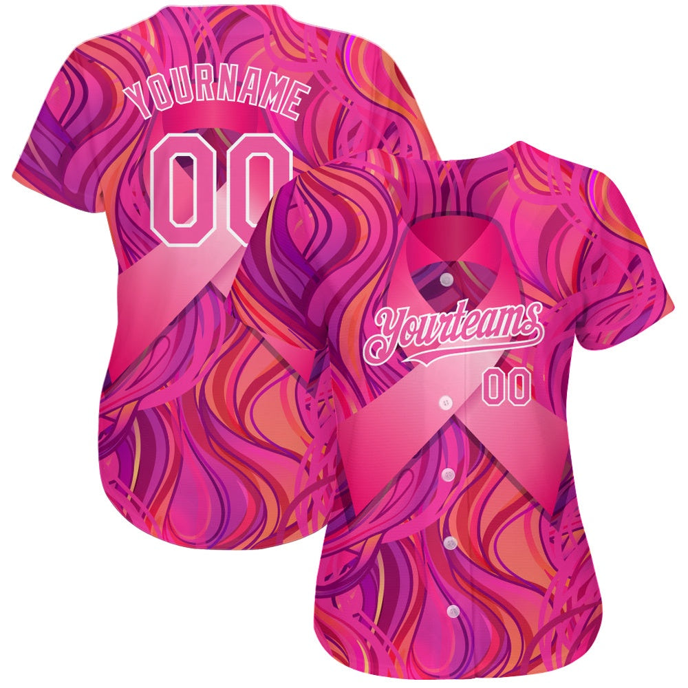 American Baseball Jersey, Custom Pink White 3D Pink Ribbon Breast Cancer Awareness Month Women Health Care Support Authentic Baseball Jersey - Image 2