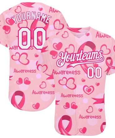 American Baseball Jersey, Custom Pink White Hot Pink 3D Pink Ribbon Breast Cancer Awareness Month Women Health Care Support Authentic Baseball Jersey