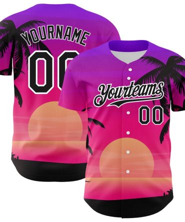 American Baseball Jersey, Custom Purple Black White 3D Pattern Design Beach Hawaii Palm Trees Authentic Baseball Jersey, Baseball Jersey Name