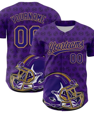 American Baseball Jersey, Custom Purple Dark Purple Old Gold 3D Pattern Design Football Helmet And Ball Authentic Baseball Jersey, Baseball Jersey Name