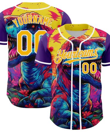 American Baseball Jersey, Custom Purple Gold White 3D Pattern Design Rave T Rex Authentic Baseball Jersey, Baseball Jersey Name