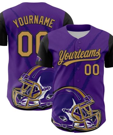American Baseball Jersey, Custom Purple Old Gold Black 3D Pattern Design Football Helmet And Animal Claw Authentic Baseball Jersey, Baseball Jersey Name