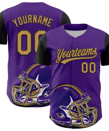American Baseball Jersey, Custom Purple Old Gold Black 3D Pattern Design Football Helmet Authentic Baseball Jersey, Baseball Jersey Name