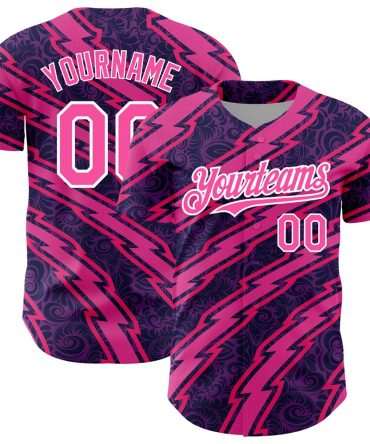 American Baseball Jersey, Custom Purple Pink White 3D Pattern Design Zigzag Authentic Baseball Jersey, Baseball Jersey Name