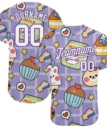 American Baseball Jersey, Custom Purple White Purple 3D Pattern Design Sticker Cartoons Authentic Baseball Jersey, Baseball Jersey Name