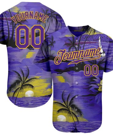American Baseball Jersey, Custom Purple Yellow 3D Pattern Design Sun Beach Hawaii Palm Trees Authentic Baseball Jersey, Baseball Jersey Name