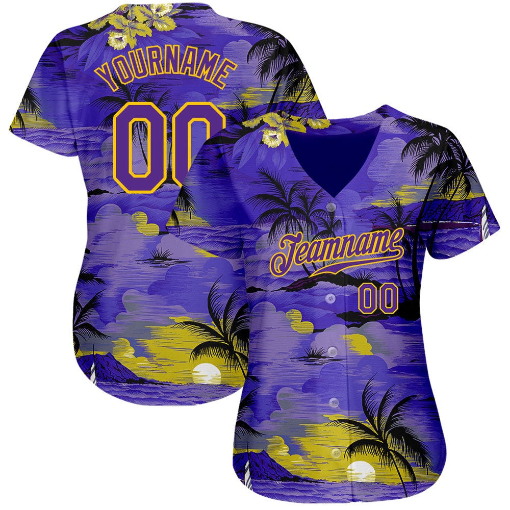 American Baseball Jersey, Custom Purple Yellow 3D Pattern Design Sun Beach Hawaii Palm Trees Authentic Baseball Jersey, Baseball Jersey Name - Image 2
