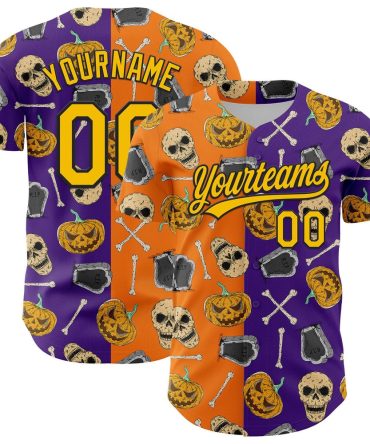 American Baseball Jersey, Custom Purple Yellow Bay Orange Black 3D Pattern Halloween Skull Authentic Baseball Jersey, Baseball Jersey Name