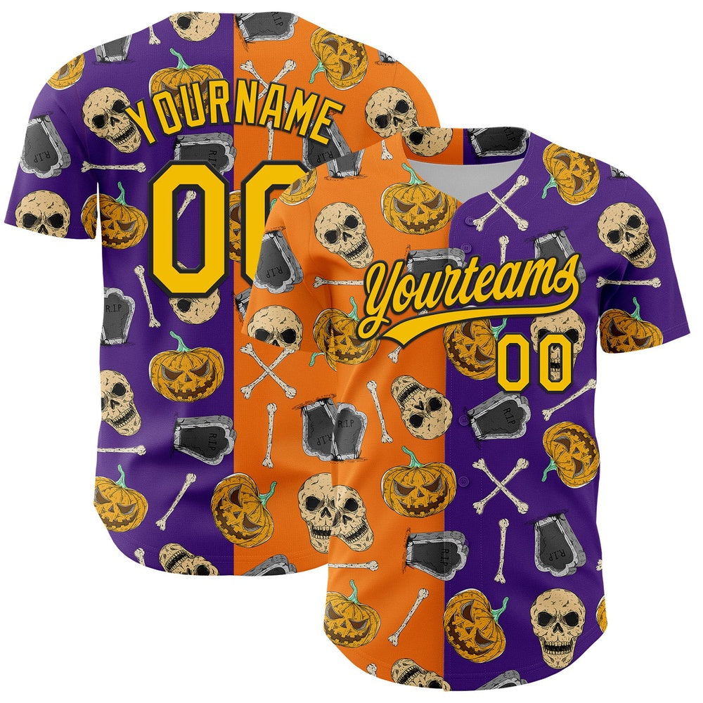 American Baseball Jersey, Custom Purple Yellow Bay Orange Black 3D Pattern Halloween Skull Authentic Baseball Jersey, Baseball Jersey Name