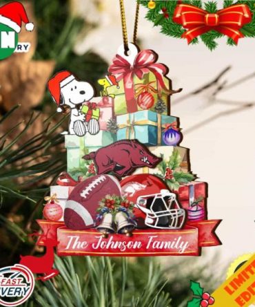 Arkansas Razorbacks And Snoopy Christmas NCAA Ornament Custom Your Family Name