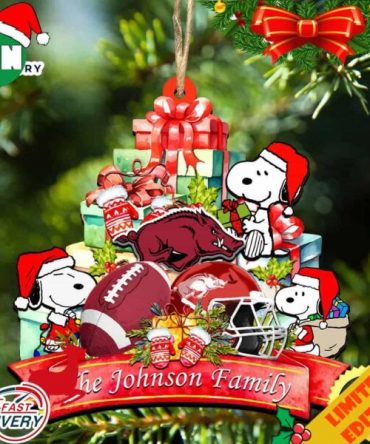 Arkansas Razorbacks Snoopy Christmas NCAA Ornament Personalized Your Family Name